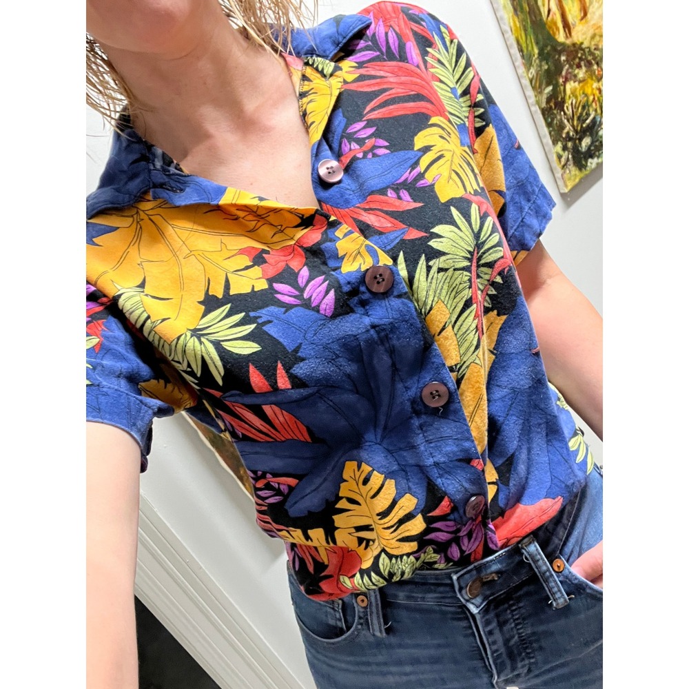 Palmettos Vintage 80s Tropical Button Down Shirt sz Small Floral Monstera Retro